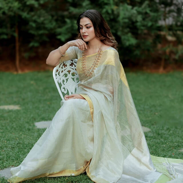 Anusree poses with confidence in a Traditional Fog Grey Saree