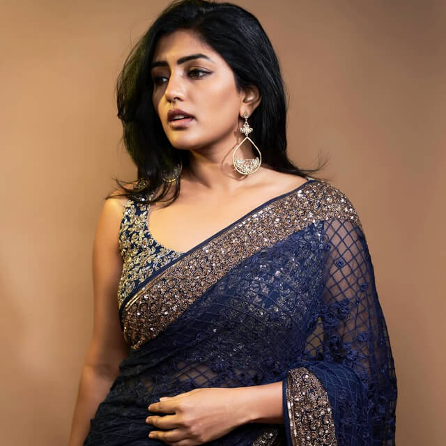 Blue Net Saree with Floral motifs is the new trend Eesha Rebba opts