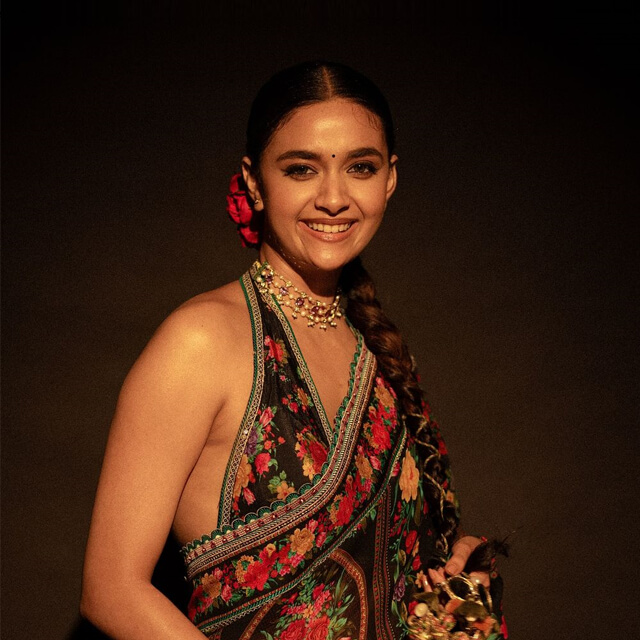 Keerthy Suresh blossoms in a Vibrant Black Floral Saree