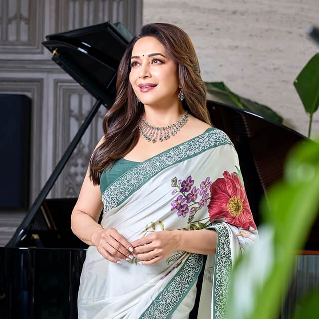 Madhuri Dixit picks Aisha Rao's White Floral Saree for PNG Event