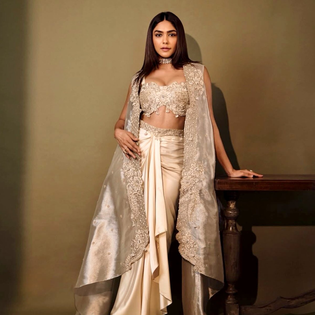 Mrunal Thakur's Champagne Gold Cape Gown by Aditi Gupta