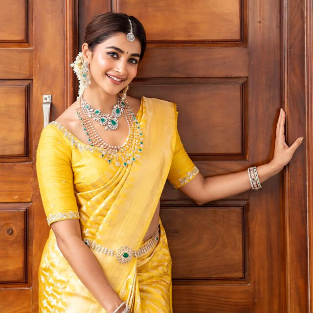 Pooja Hedge's Traditional Yellow Banarasi Saree