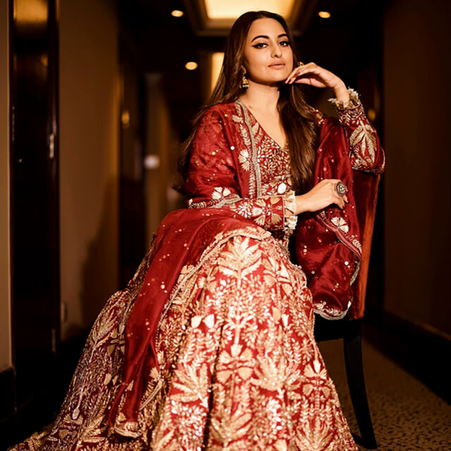 Sonakshi Sinha's Gold Embroidered Red Ethnic Suit for Eid