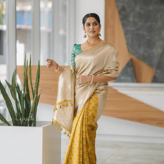 Swaswika's Fusion Saree in Mustard & Creamy Hues