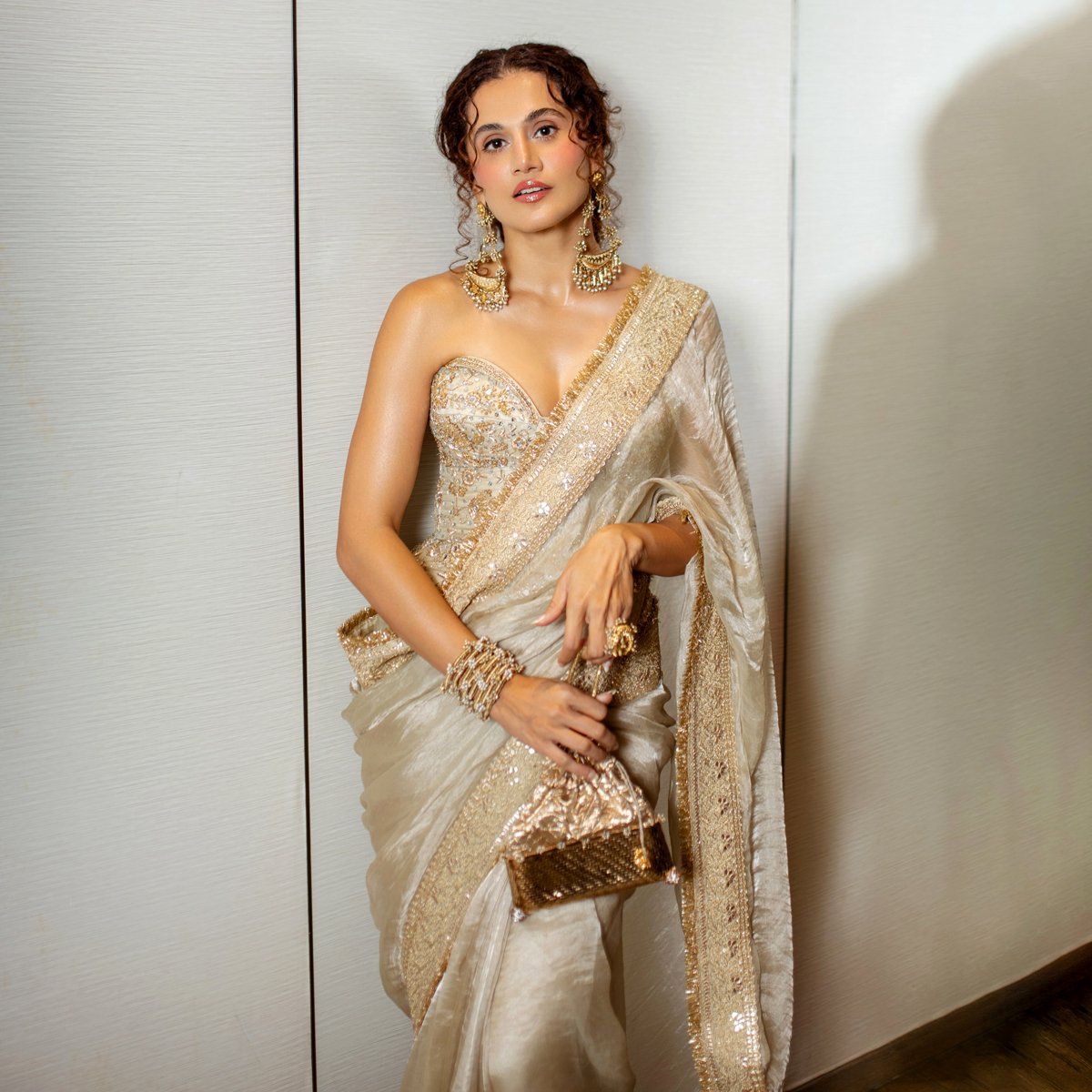 Taapsee Pannu stuns in Gopi Vaid Metallic Tissue Saree