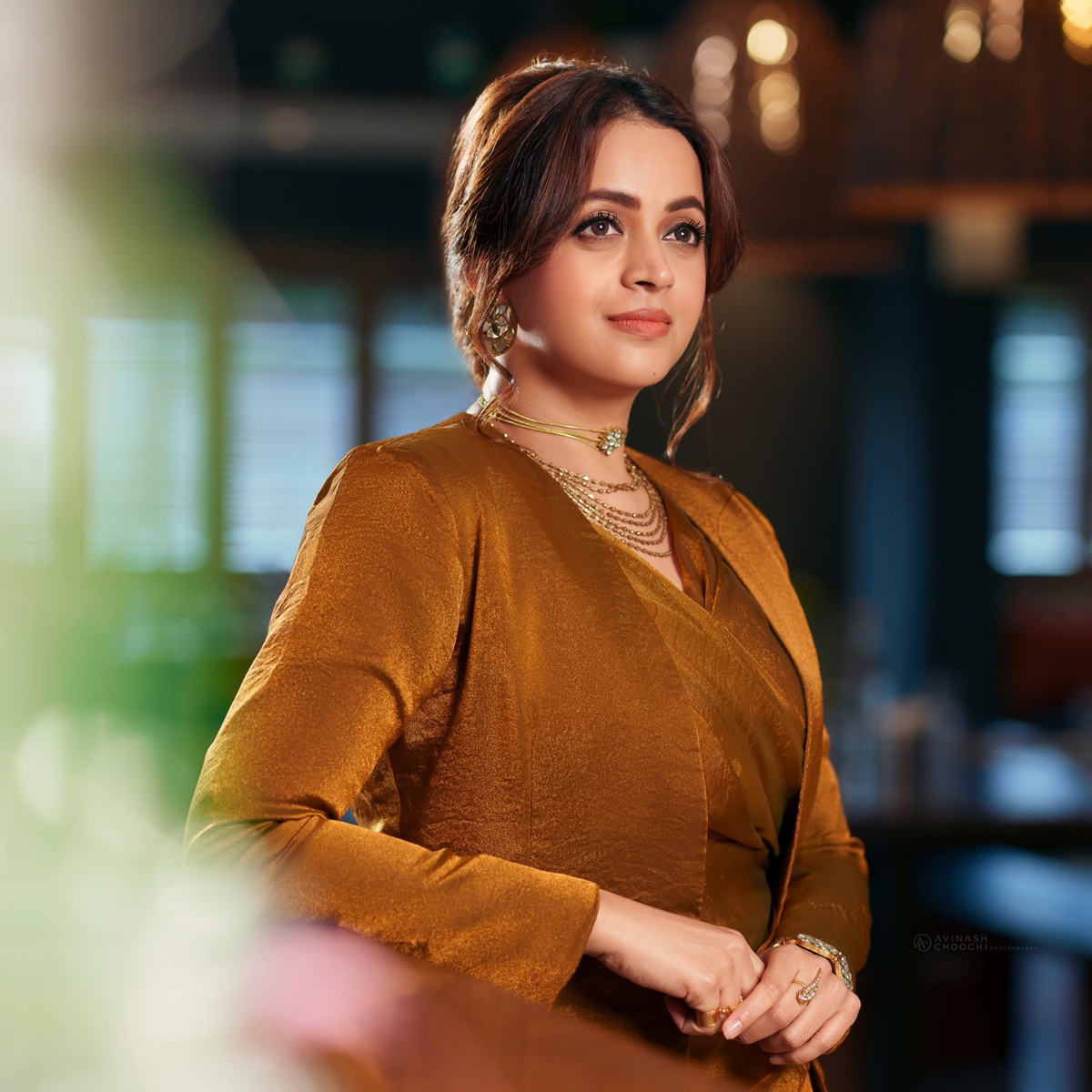Bhavana styles a Jacket with a Saree like drape Bhavana styles a Jacket with a Saree like drape