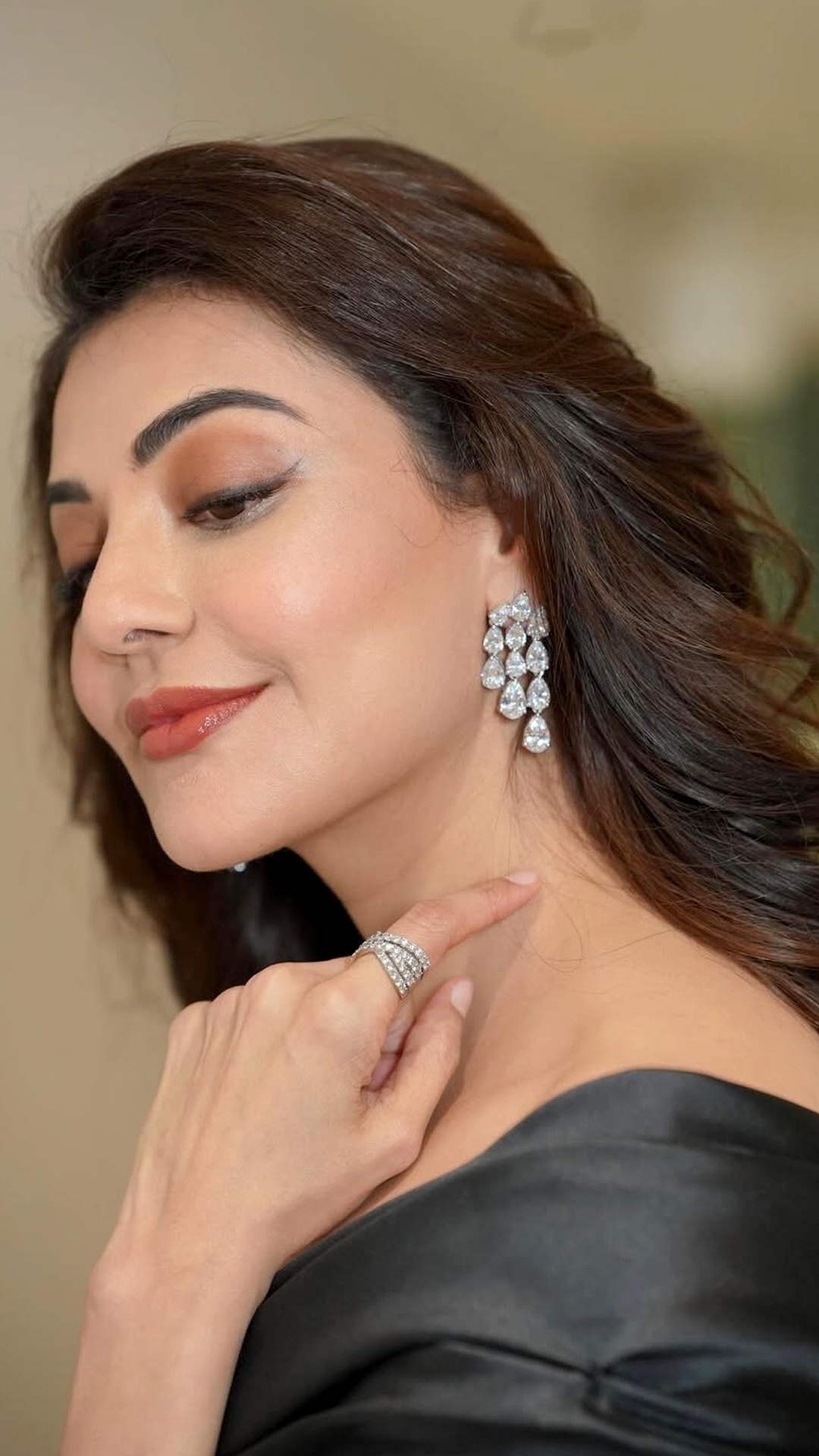 Kajal Aggarwal's Recent Photoshoot - Statement diamond earrings & rings from Anayah Jewellery add shine while keeping the look balanced.