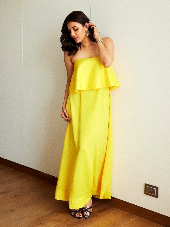 yellow dress with black heels Kendall Jenner Wore a Yellow Minidress With 'Naked' Heels