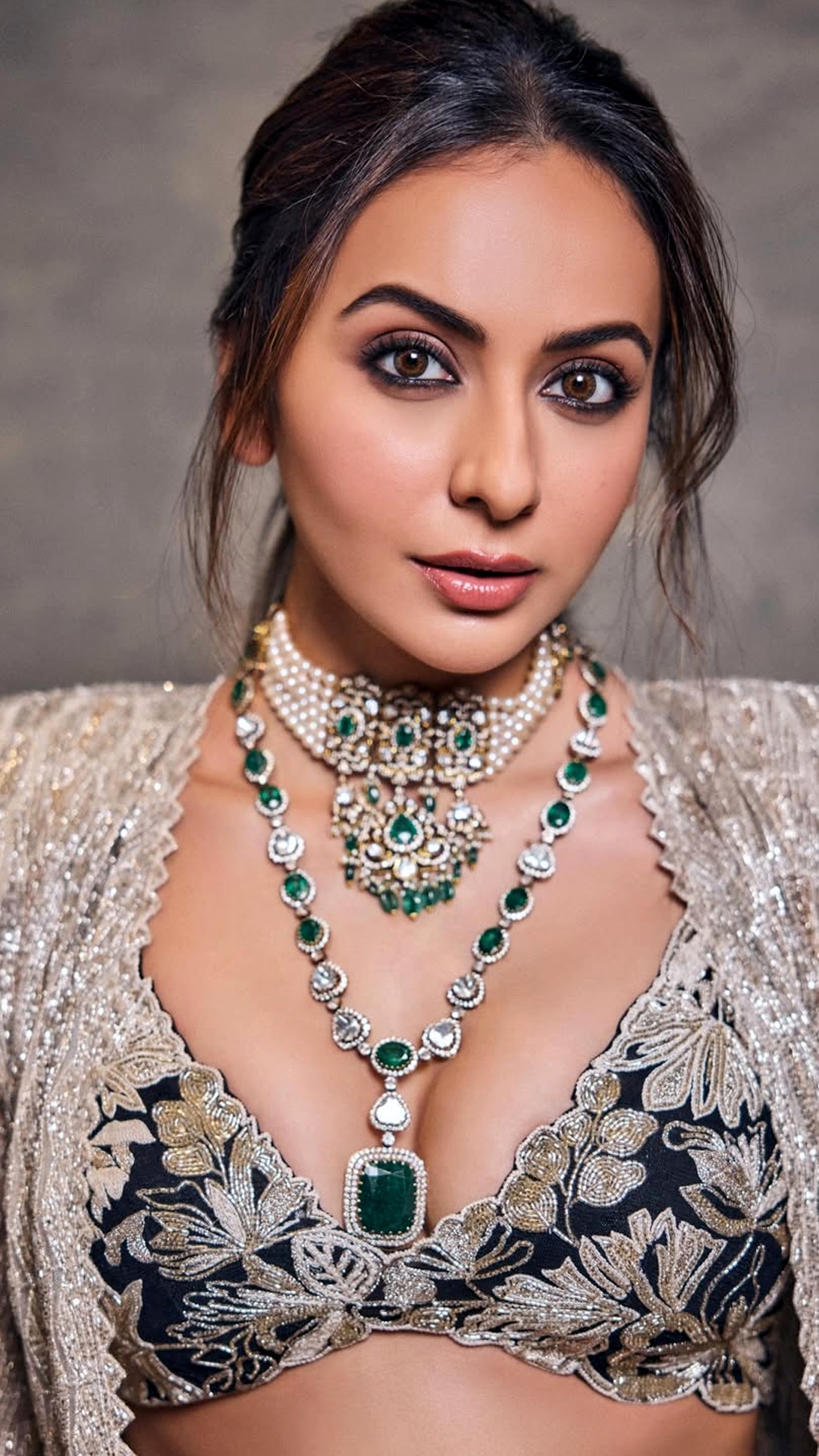 Rakul Preet Singh's Recent Photoshoot - The black deep blouse features botanical gold embroidery and sculpted cups for a couture finish.