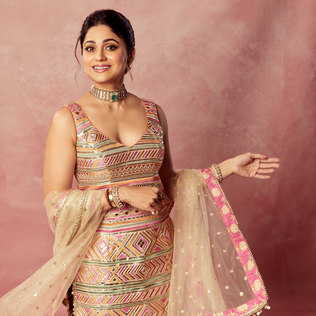 Shamita Shetty's Sharara Set Plays with Three Patterns