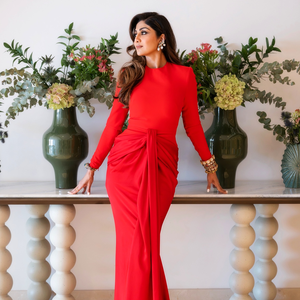 Shilpa Shetty's Crimson Safiyaa Gown redefines Modern Evening Glamour