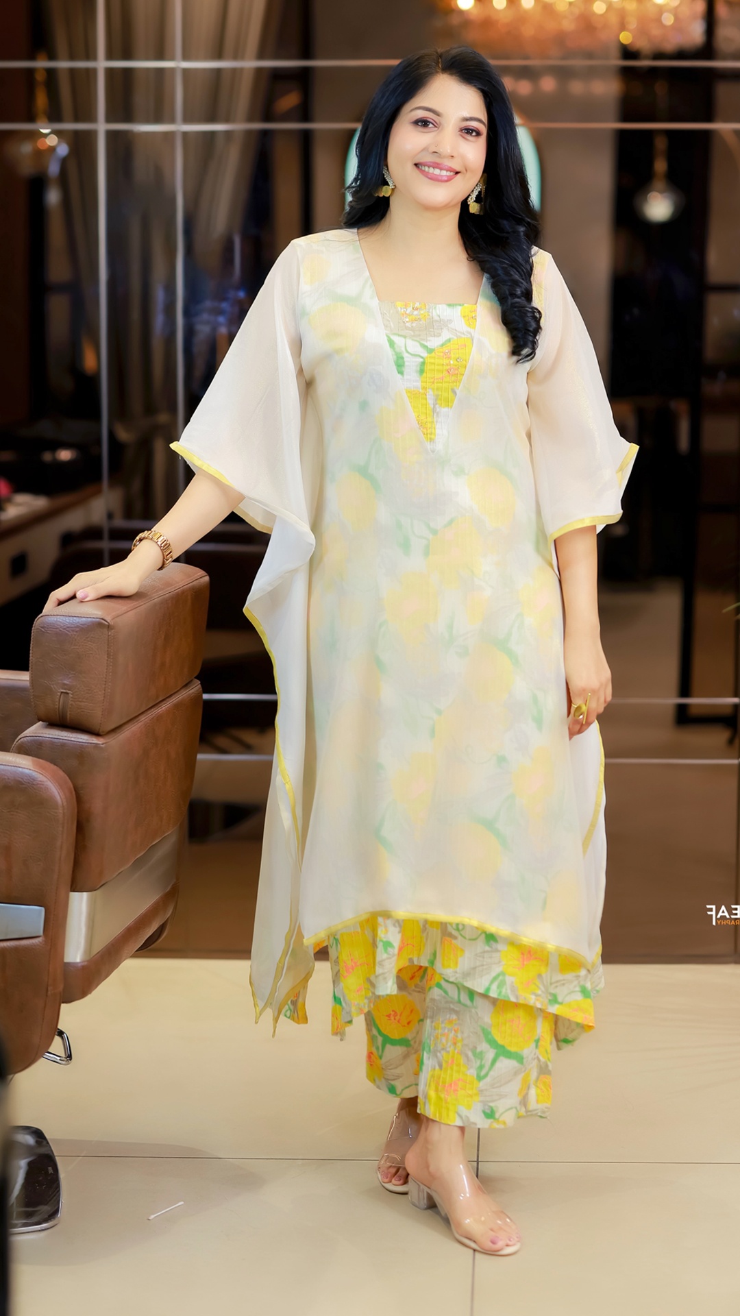 Shivada's Recent Photoshoot - The Wool Gathering kurta uses a sheer outer layer trimmed in gold, allowing the printed inner dress to remain visible without overpowering the design.
