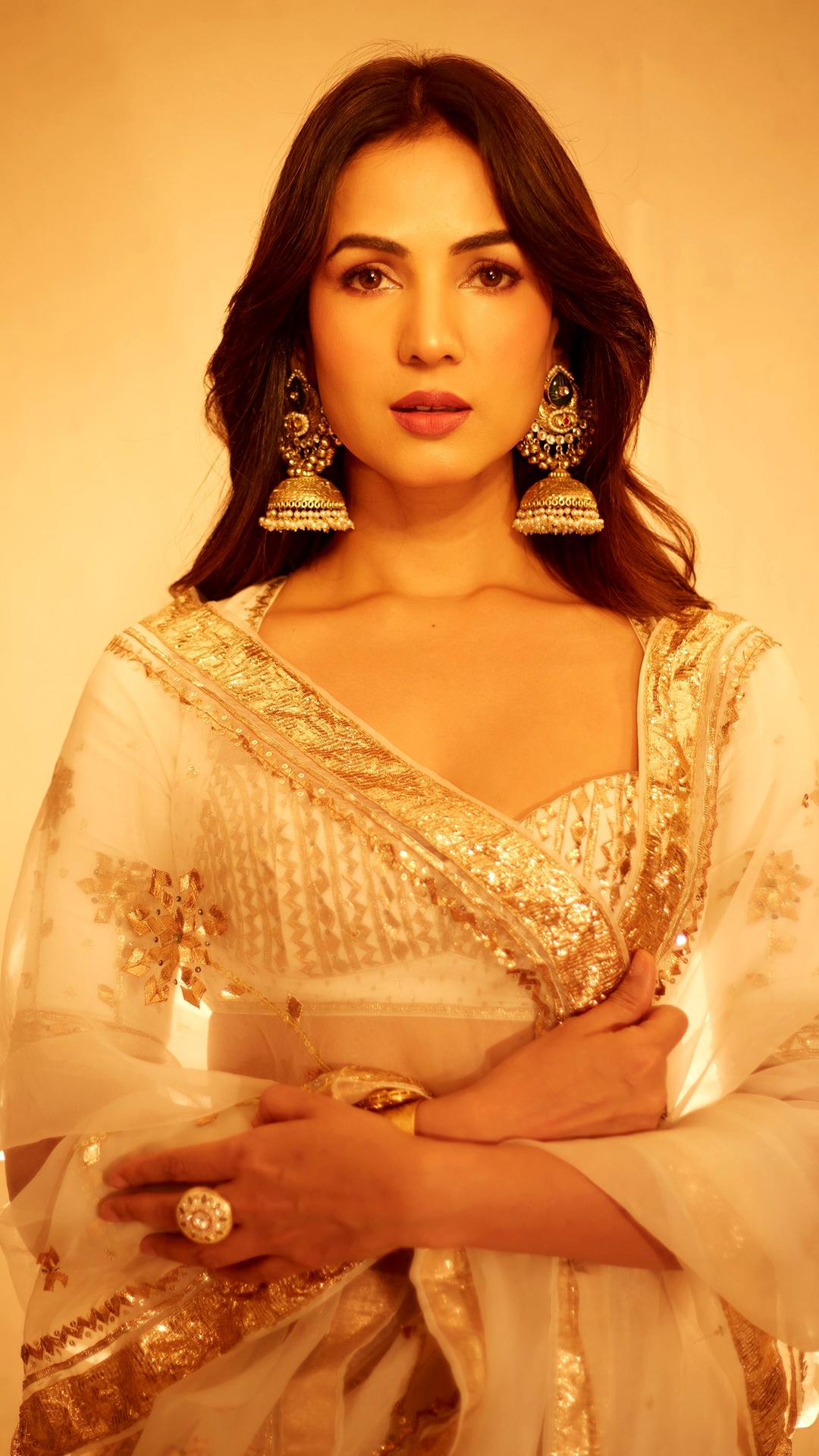 Sonal Chauhan's Recent Photoshoot - Large gold jhumka earrings reinforce the saree's metallic detailing, while the visible bracelet and ring bring the same jewellery language to her hands.