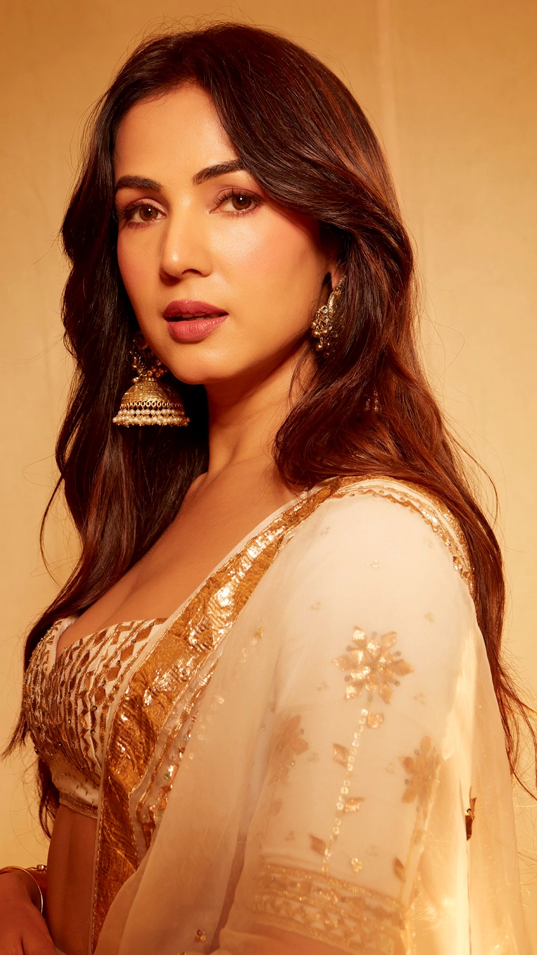 Sonal Chauhan's Recent Photoshoot - Long, centre-parted waves frame the face and fall over the shoulder, introducing movement against the clean lines of the blouse and saree.