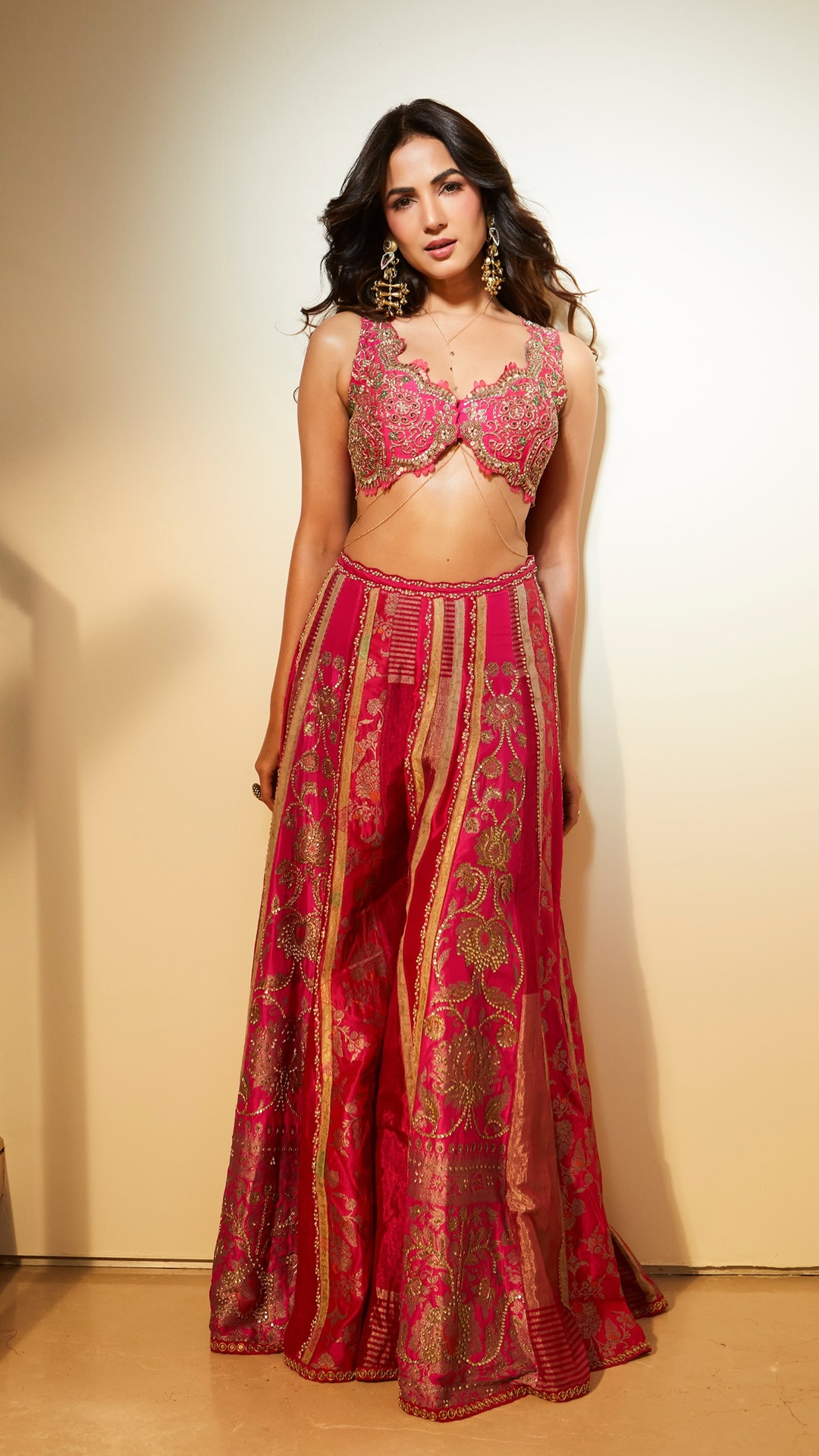 Sonal Chauhan's Recent Photoshoot - Below the waist, the sharara shifts into alternating brocade and hand-embroidered panels, striping the pink fabric with metallic gold detailing.