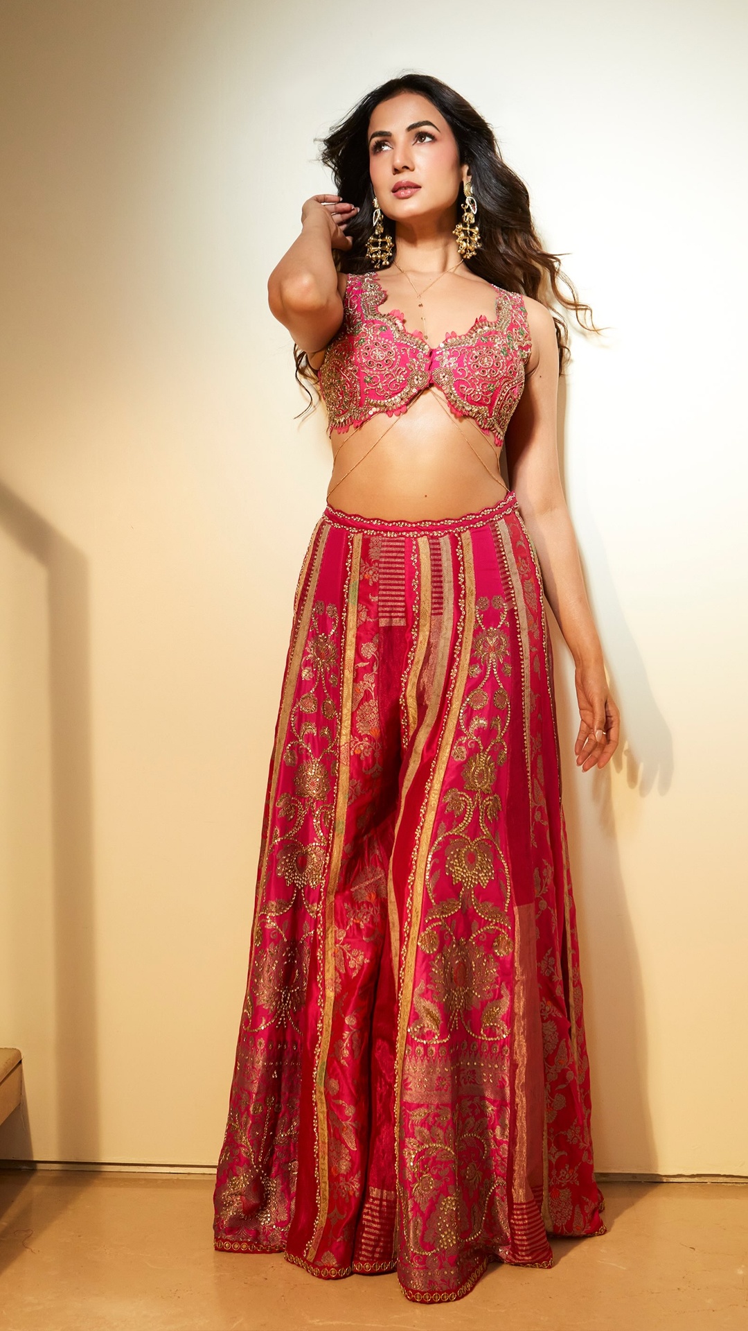 Sonal Chauhan's Recent Photoshoot - Aum by Ashima and Asit built this look as a three-piece cape set, priced at Rs 1,20,000 /- pairing an embroidered blouse with a sharara and organza cape.